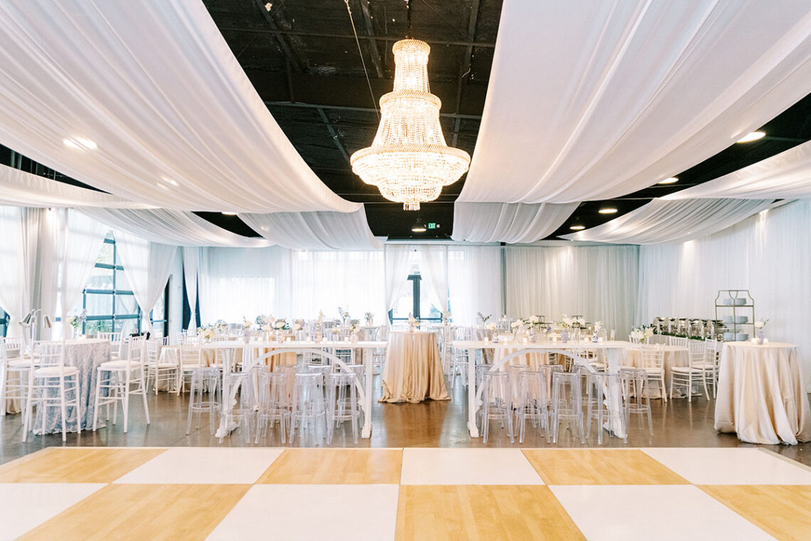 Southern Summer Wedding Reception setup in event center with checkered dance floor