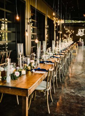 Outdoor wedding reception on the Lakeview Event Center's patio