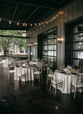 Wedding reception table setup on patio of Lakeview Event Center