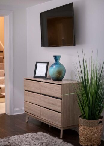 CDM Mansion_Bonus-Bedroom_3 Dresser with decorative vase underneath flat screen TV in mansion's bonus bedroom