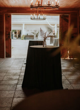 Cocktail table setup in Carriage House Stables