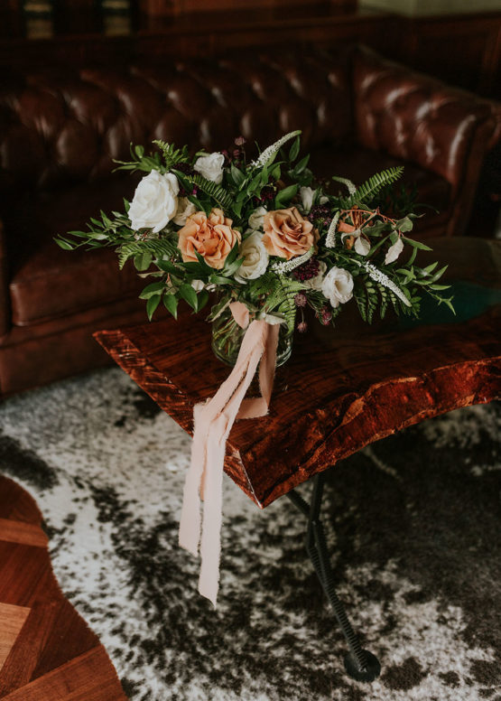 Bridal Bouquet Sitting on Table in Library