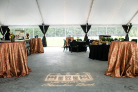 Corporate event cocktail table setup on Sunset Terrace