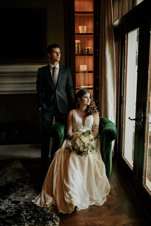 Bride and Groom Sitting in the Library