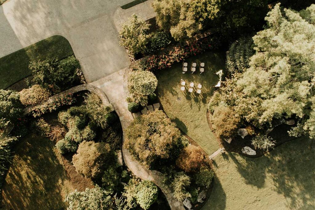 Aerial view of Intimate Wedding Ceremony Setup in Serenity Gardens