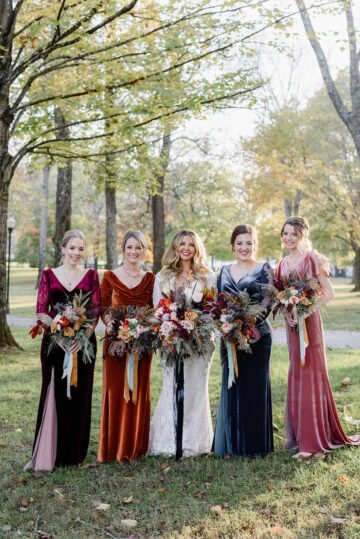 Gray with Bridesmaids Wearing Colorful Velvet Dresses