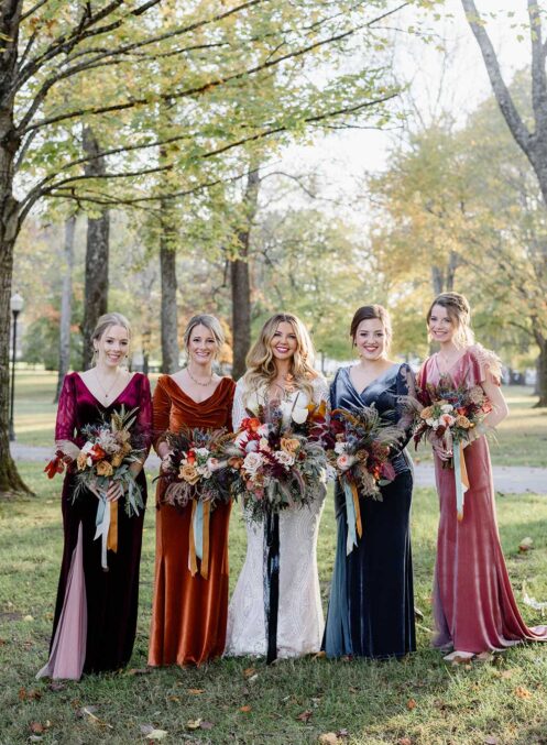 Gray with Bridesmaids Wearing Colorful Velvet Dresses