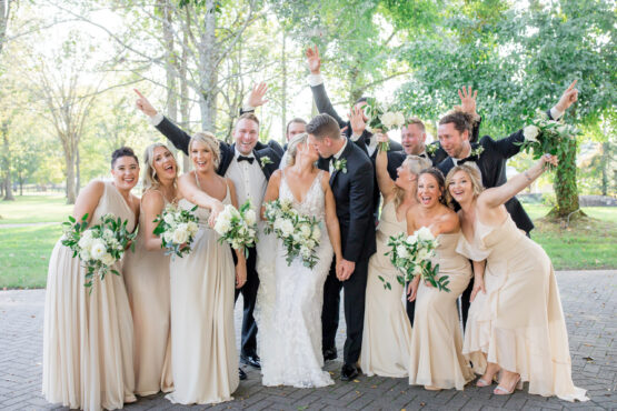 Classic Bride and Groom and Wedding Party in Front of Mansion at The Estate at Cherokee Dock | Tennessee Lakeside Wedding Venue