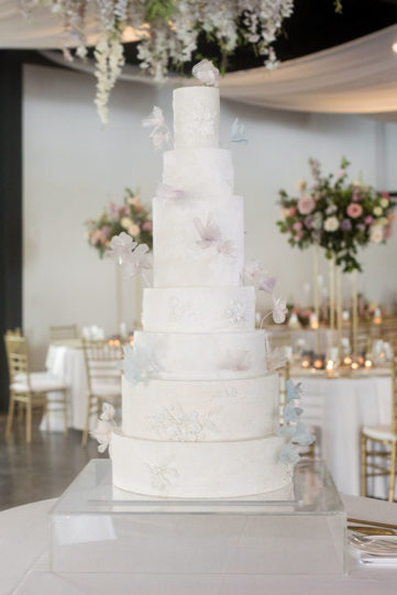 Romantic Wedding Reception Inspiration with Whimsical Hanging Floral Installment Unique 3-D Multi-tier cake