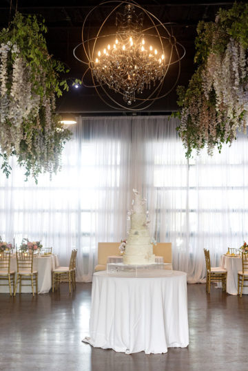 Romantic Wedding Reception Inspiration with Whimsical Hanging Floral Installment
