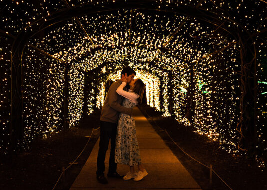 Newly Engaged Couple Kissing at Cheekwood Estate and Gardens