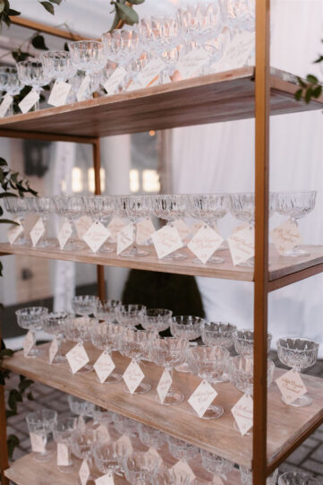 escort card display of cocktail glassess