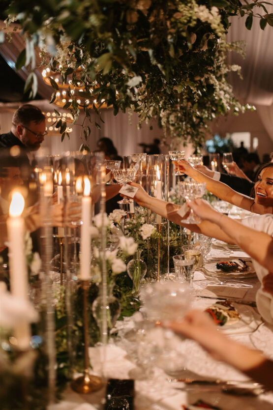 guests cheers at seated dinner