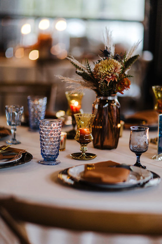 Wedding Reception Tablescape with Unique Blue Debutante Goblet Glassware and Dried Boho Centerpieces |Fall Wedding Design Inspiration