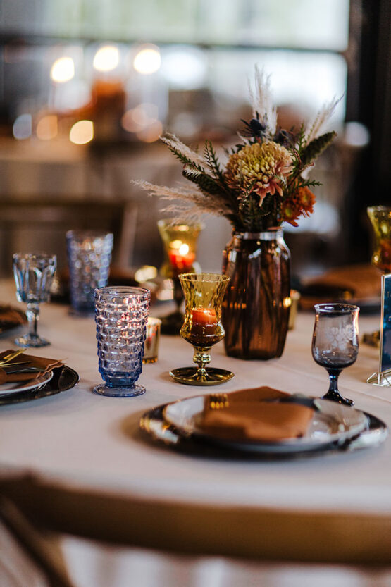 Wedding Reception Tablescape with Unique Blue Debutante Goblet Glassware and Dried Boho Centerpieces |Fall Wedding Design Inspiration