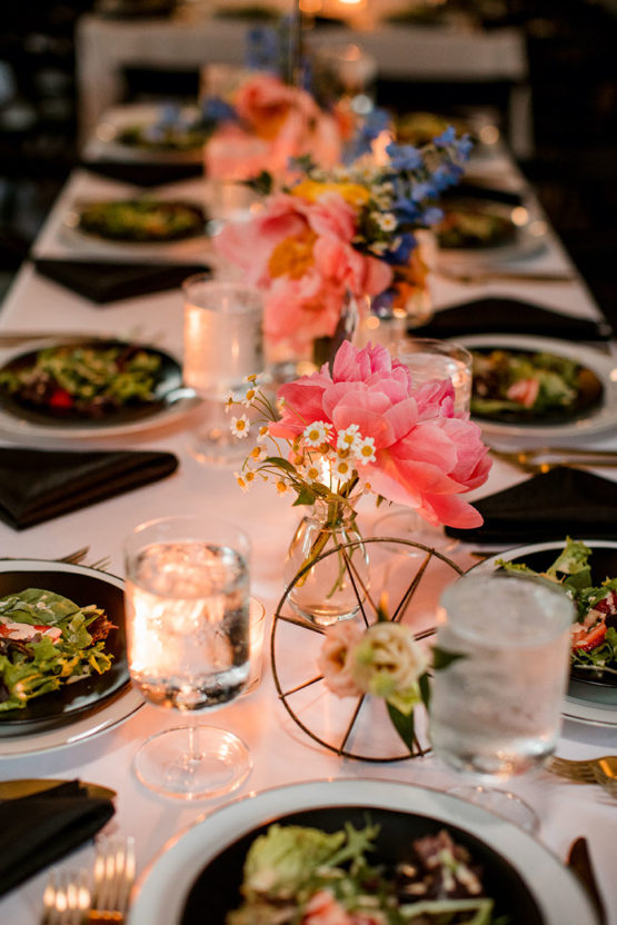 Reception setting with romantic lighting and floral details