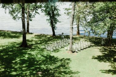 Wedding ceremony setup across Lakeside Lawn