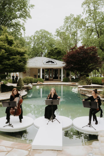 String Trio on Unique Floating White Stages for Wedding Cocktail Hour