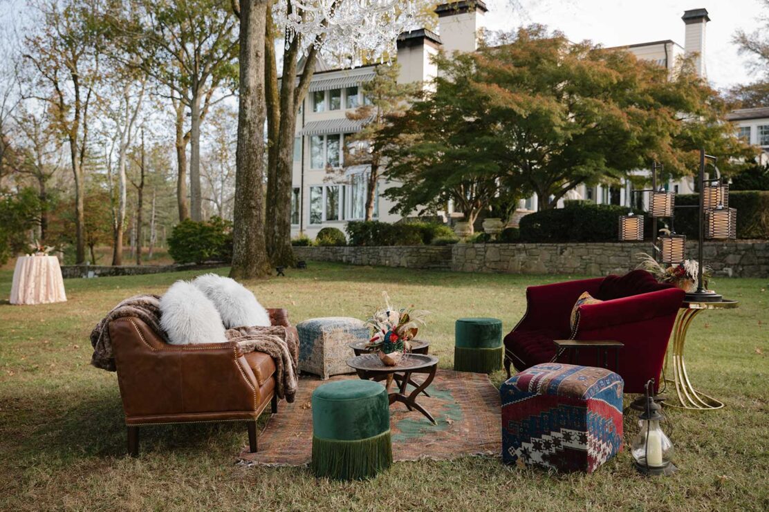 Lounge area for wedding cocktail hour on Lakeside Lawn